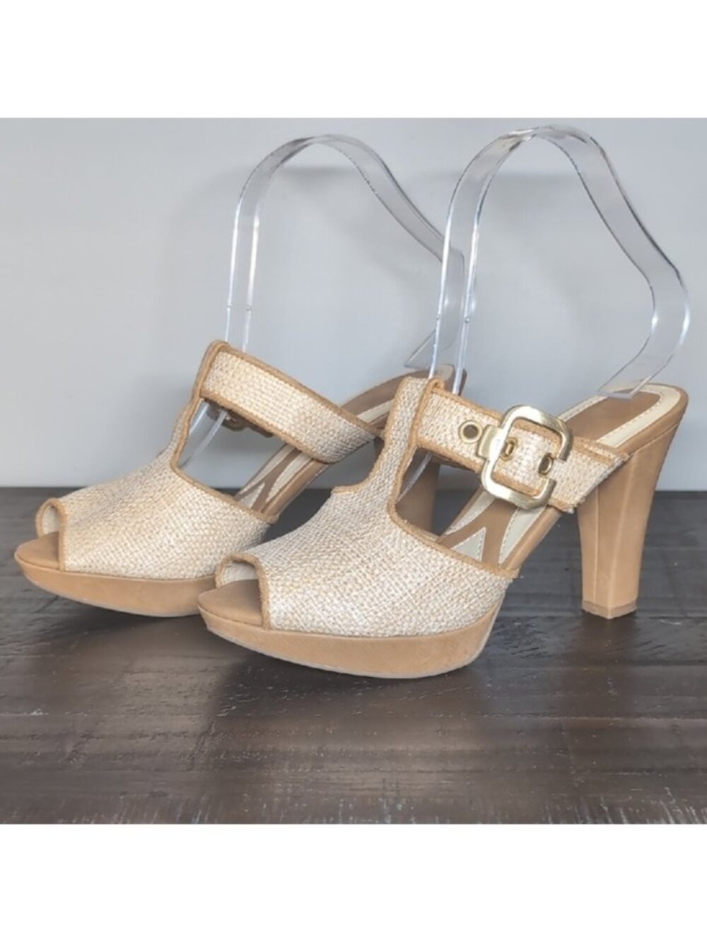 Naturalizer Kole Sandals Tan Woven Buckle Peep Toe Heels N5 Comfort Womens 7 - Picture 2 of 15